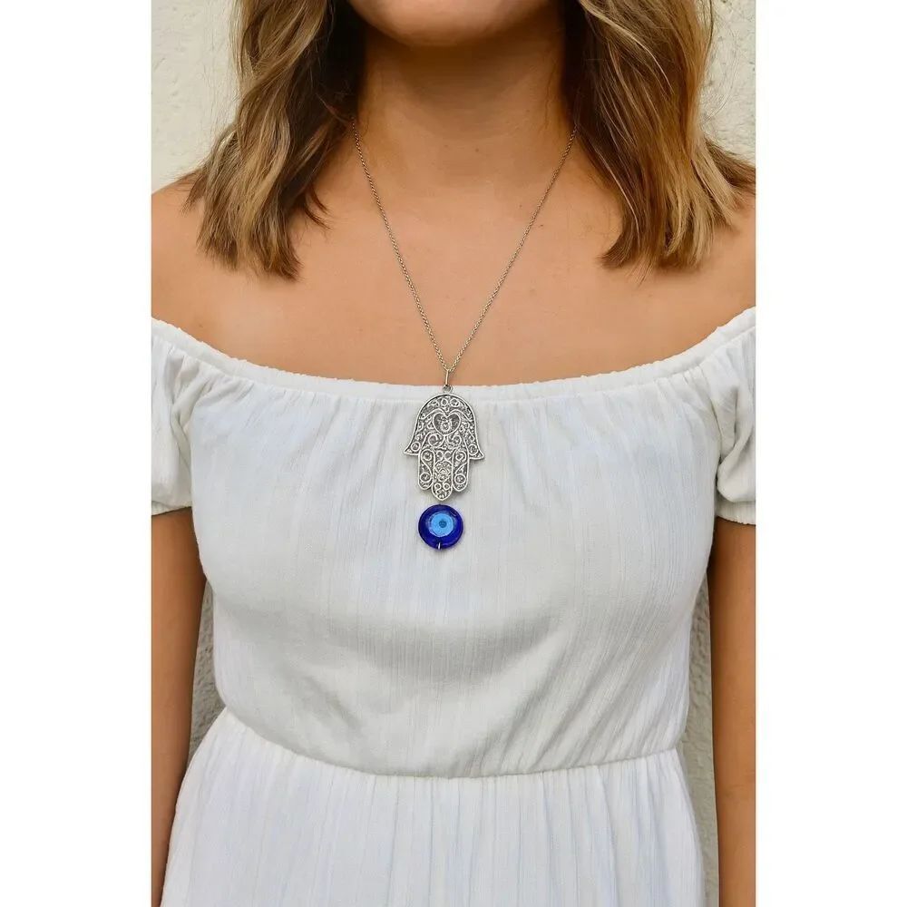 Lucky Hamsa and evil eye pendant necklace 18” boho festival